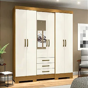 Guarda-Roupa Casal 6 Portas Bater 3 Gavetas Nature/Off-White – Espaço, Organização e Sofisticação para o seu Quarto!