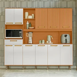 Kit Armário de Cozinha Pilar 11 Portas – Freijó/Off White Ripado Frisado – Poliman Móveis