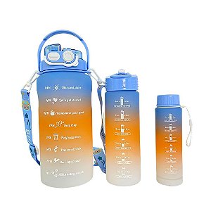 Kit com 3 Garrafas Squeeze coloridas com capacidade 2 L 700ml 260ml 3 Garrafas Motivacional de Água com Canudo e Adesivo