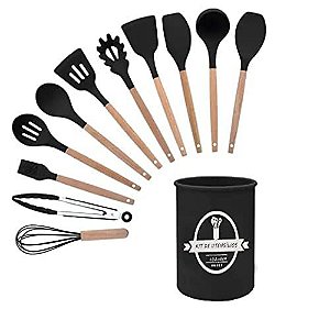 Jogo Utensílios de Cozinha em Silicone Madeira 12 Peças (Preto)