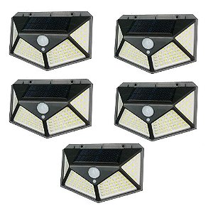 Kit 5 Luminária Energia Solar Parede 100 Led Sensor Presença 3 Funções Lampada