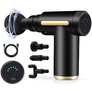 Mini Massageador Elétrico Muscular Recarregavel USB, Pistola Massageadora Corporal Portatil, 4 Ponteiras, 6 Velocidades