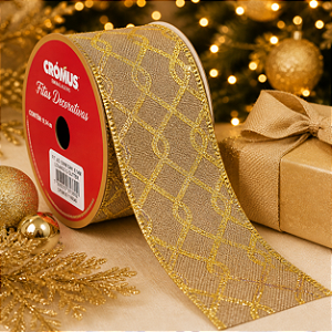 Fita Aramada Natalina Bege Juta Glitter Cromus 6,3cm x 9,14m
