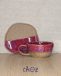 Conjunto caneca e pires cerâmica artesanal