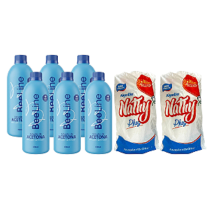 KIT Removedor de esmalte 500ml Bee line (6 unidades) + Algodão Nathy Hidrófilo Rolo 250g (2 unidades)