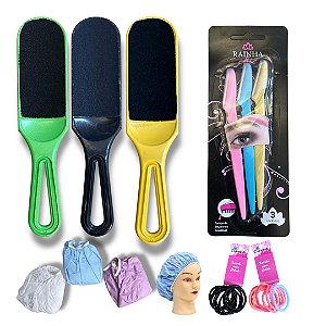 Kit Touca de Banho Lixa Pé Ralo Navalha Aparadora Sobrancelhas Xuxinhas Cabelo