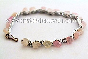 10 Pulseira Corrente Pedra Quartzo Rosa Rolada Colada Prateado ATACADO