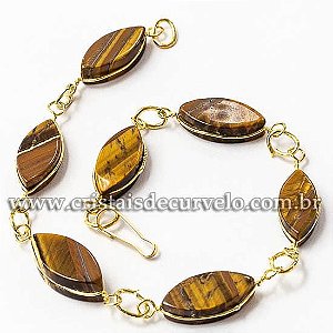 05 Pulseira Navete Ranhurado Olho de Tigre Dourado ATACADO