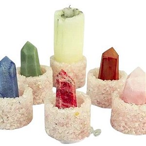 4 Porta Vela Pedra Quartzo Rosa Rolada na Resina ATACADO