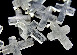 10 Pingente Crucifixo Pedra Cristal Montagem Pino e Presilha Prateado Atacado