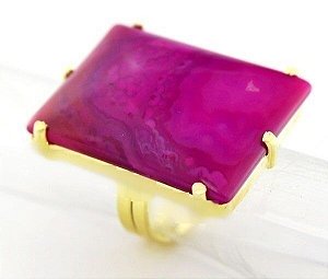 05 Anel Pedra Agata Rosa Retangulo Grande Dourado Aro Ajustavel