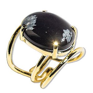 05 Anel Obsidiana Flocos de Neve Cabochão Oval Pequeno Dourado