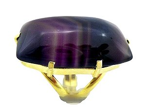 05 Anel Agata Lilas Cabochão Retangular Dourado Aro Ajustavel