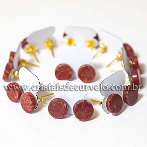 05 Brinco Button Pedra Quartzo Vermelho Natural Montagem Dourado
