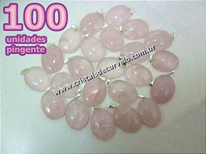 100 Pingente Cabochão Quartzo Rosa Pedra Natural Pino Banho Prata