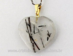 03 Pingente CORAÇÃO Pedra Cristal com Turmalina Incrustada Montagem Flash Dourado ATACADO