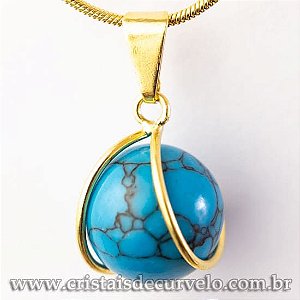 50 Pingente Bolinha Howlita  Azul Pedra Envolto Montagem Dourada ATACADO