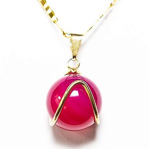 50 Pingente Bolinha Pedra Agata Rosa Montagem Envolto Dourada ATACADO