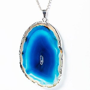 50 Pingente Chapa de Agata Azul Pedra Natural Envolto Prateado ATACADO