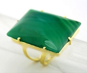 03 Anel Pedra Agata Verde Retangulo Grande Dourado Ajustavel