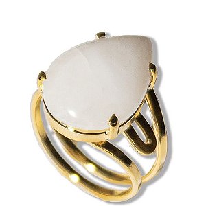 Anel Nlux Gota Pedra Quartzo Leitoso Natural Garra Dourado