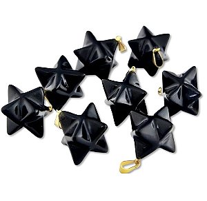 03 Pingente Merkabah Obsidiana Negra Natural Com Presilha Dourado Atacado