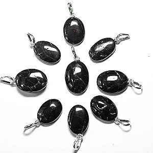 05 Pingente Mini Cabochão Turmalina Preta 18mm Prata 950 Atacado