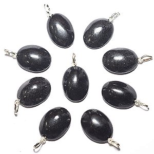 03 Pingente Cabochão Oval Quartzo Preto 22mm Pino Prata 950 Atacado