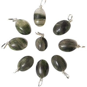 03 Pingente Cabochão Oval Pedra Epidoto Verde 20mm Pino Prateado Atacado