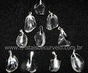 03 Pingente Pedrinha Quartzo Cristal Rolado Prateado Atacado
