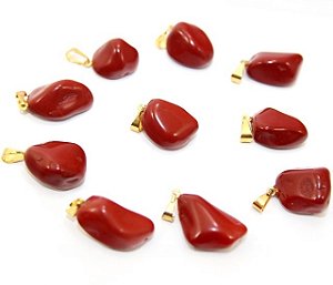 03 Pingente Pedrinha Jaspe Vermelho Dourado Atacado