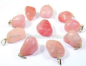 05 Pingente Pedrinha Quartzo Rosa Montagem Prata 950 Atacado