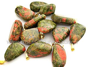 05 Pingente Pedrinha Unakita Rolado Montagem Pino Dourado Atacado