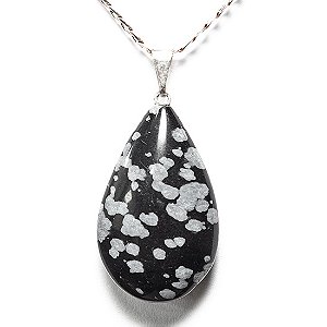 03 Pingente Gota Obsidiana Flocos de Neve Pedra Natural Prateado Atacado