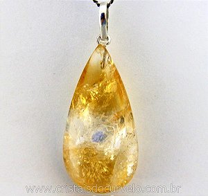 03 Pingente Gota Pedra Natural Citrino Amarelo Pino Prata 950 Atacado
