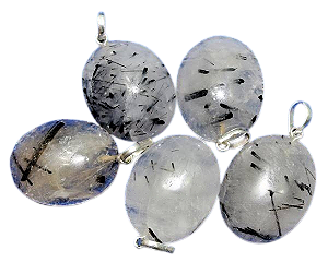 05 Pingente Cabochão Oval Cristal Com Turmalina Pino Prata 950 Atacado