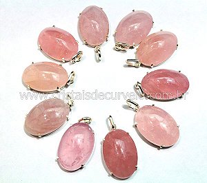05 Pingente Cabochão Quartzo Rosa Montagem Garra Prata 950
