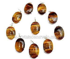 05 Pingente Cabochão Olho de Tigre Montagem Garra Prata 950