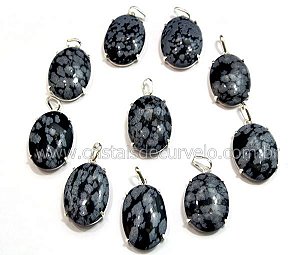 05 Pingente Cabochão Obsidiana Flocos De Neve Montagem Garra Prata 950