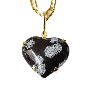 Pingente Coração Obsidiana Flocos de Neve Garra Dourado
