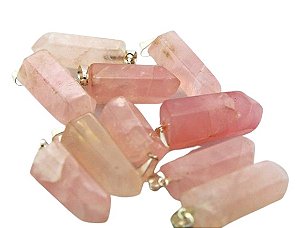 05 Pingente Pontinha Quartzo Rosa Pino e Presilha Prateado Atacado