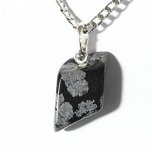 Colar Obsidiana Flocos de Neve Natural Pino Prata 950
