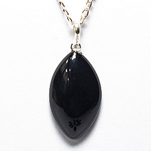 Colar Navete Obsidiana Negra Natural Montagem Pino Prata 950