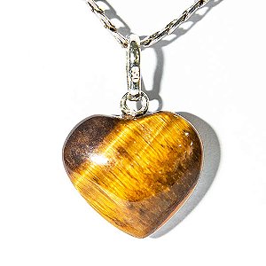 Colar Mini Coração Olho de Tigre Natural 15mm Pino Prata 950