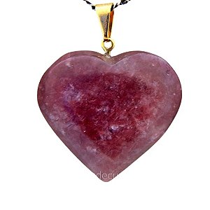 Colar Coração Pedra Quartzo Morango Natural Montagem Dourado