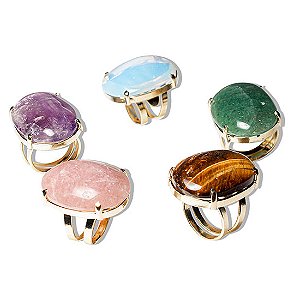 100 Anel Cabochão Oval Pedra MISTO Banho Flash Dourado Aro Ajustável ATACADO