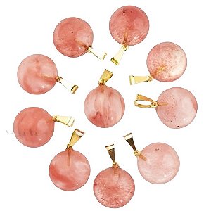 03 Mini Pingente Disco Quartzo Cherry Pedra Natural Pino Dourado Atacado