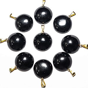 05 Pingente Disco Obsidiana Negra 20mm Pedra Natural Pino Dourado Atacado