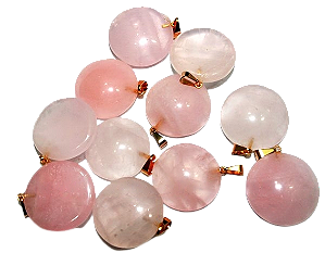 03 Pingente Disco Liso Quartzo Rosa Pedra Natural Pino Prateado Atacado