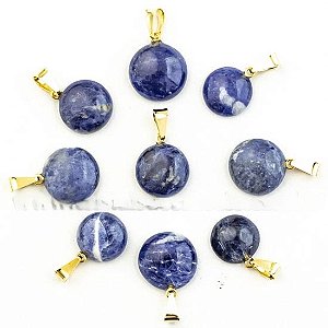 05 Mini Pingente Disco Sodalita Azul Montagem Pino Dourado Atacado